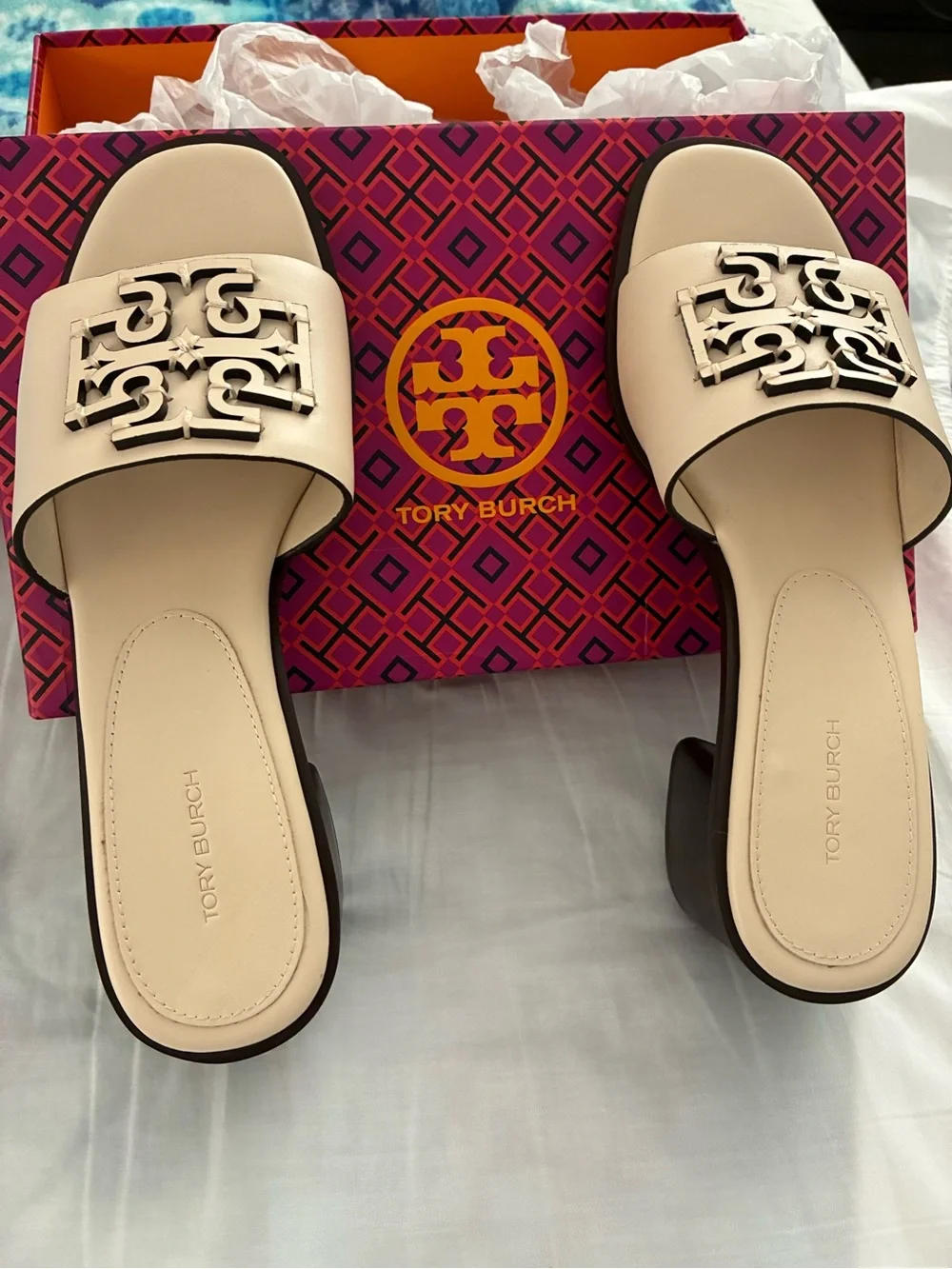 Tory Burch Beige Logo Slide Mules with Gold Accent